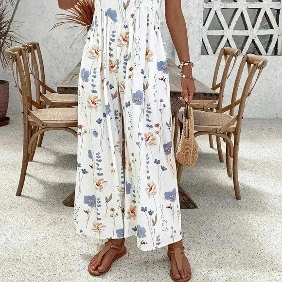 Multicolor White Boho Women's Summer Loose Printed Spaghetti Strap Jumpsuit - Picture 5 of 7
